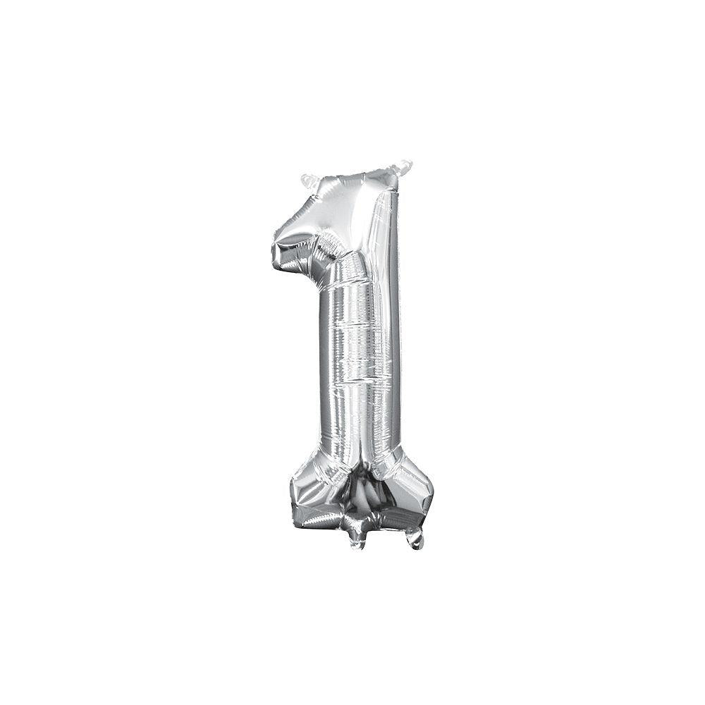 Silver foil balloon shaped as the number 1, 16 inches tall with a shiny metallic finish.