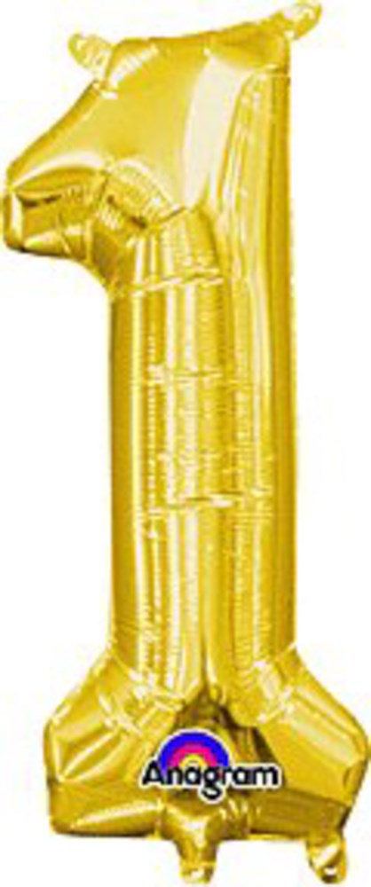 Shiny gold foil balloon shaped as the number 1, 16 inches tall with metallic finish.
