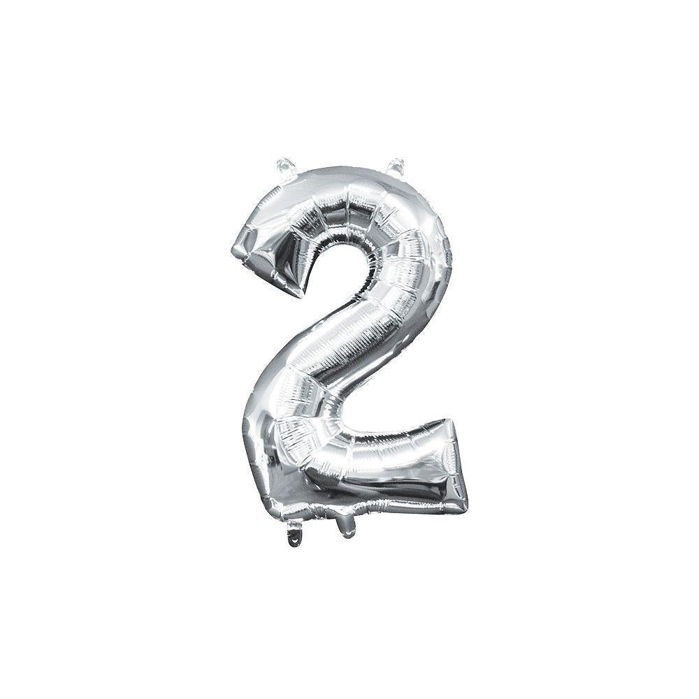 Silver metallic foil balloon shaped like the number 2, 16 inches tall, air-filled.