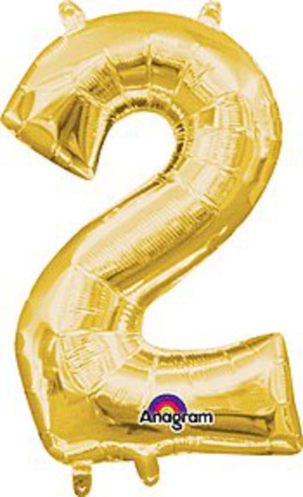 Gold foil balloon shaped as the number 2, 16 inches tall with a shiny surface.