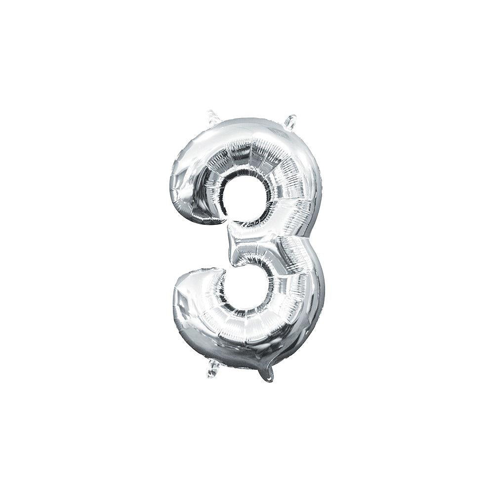 Silver metallic balloon shaped as the number 3, 16 inches tall, shiny surface.