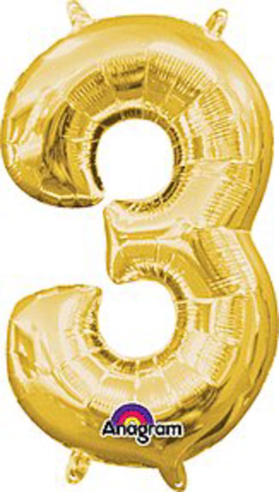 Gold foil balloon shaped like the number 3, shiny metallic finish, 16 inches tall.