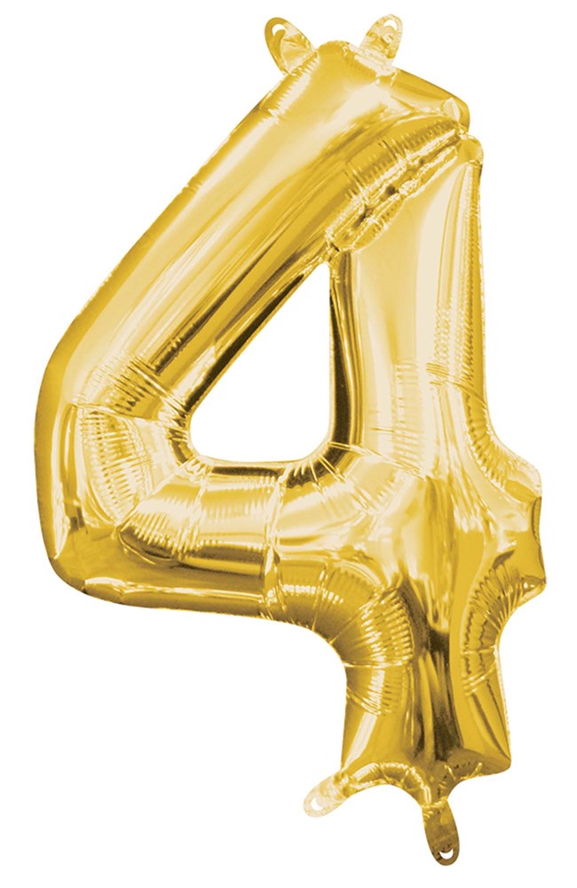 Gold foil balloon shaped like the number 4, 14 inches tall, shiny surface.