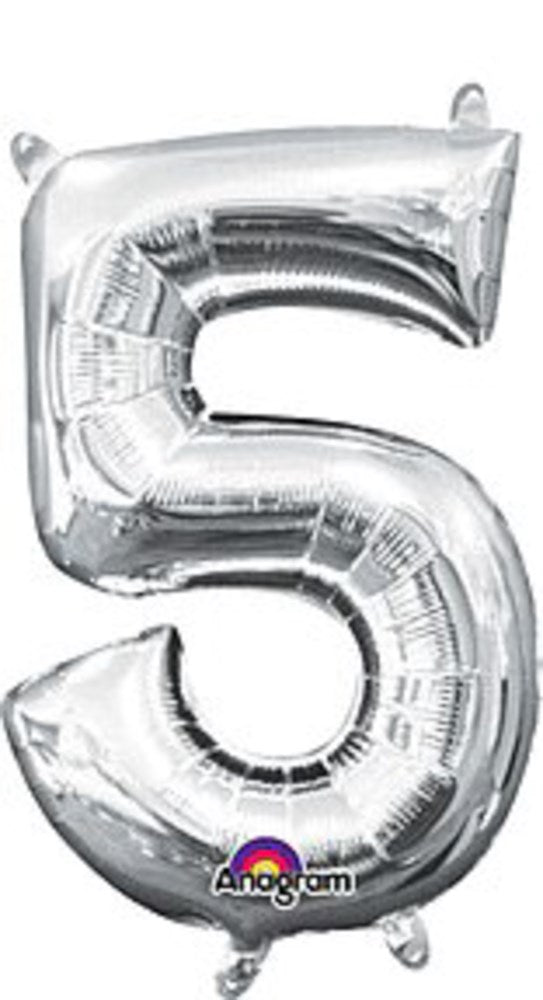 Silver metallic foil balloon shaped as the number 5, 16 inches tall with a shiny finish.