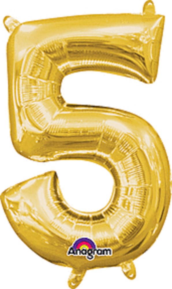 Shiny gold foil balloon shaped as number 5 with glossy, reflective surface.