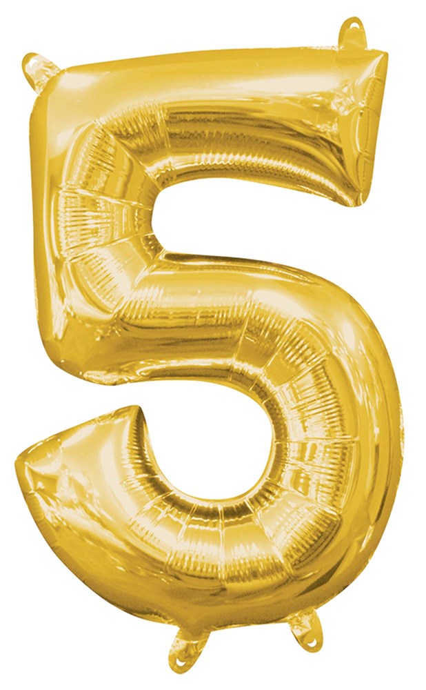 Gold foil number 5 balloon, 14 inches tall, shiny metallic finish, large inflatable shape.