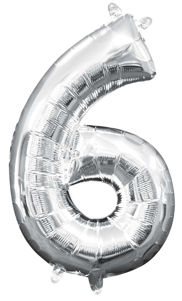 Silver metallic foil balloon shaped as the number 6, 16 inches tall, air-filled.