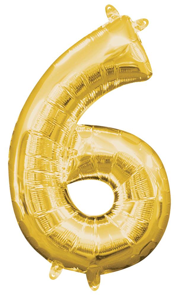 Gold foil balloon shaped as the number 6, shiny metallic finish, small size.