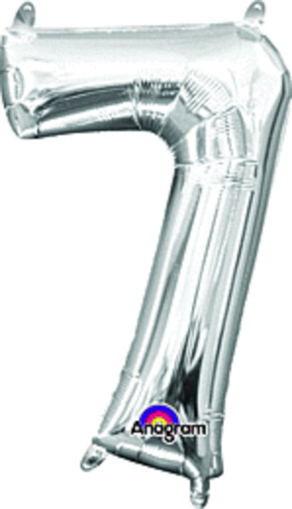Silver metallic foil balloon shaped as the number 7, 16 inches tall with glossy finish.