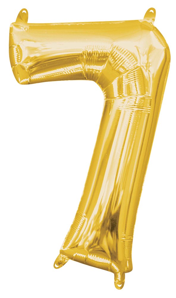 Shiny gold foil balloon shaped as the number 7, 14 inches tall with hanging tabs.