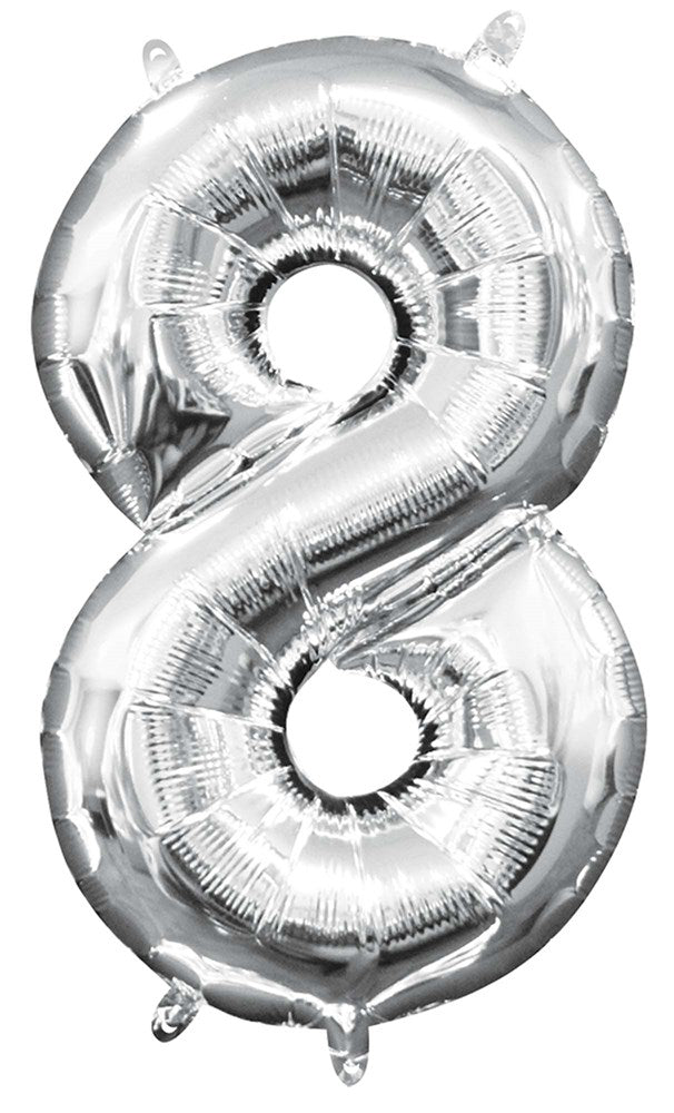 Silver metallic foil number 8 balloon, 16 inch, shiny surface with sealed edges.