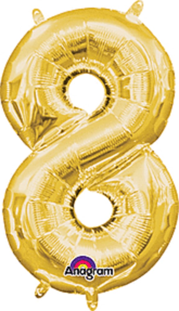 Gold foil balloon shaped like the number 8, 16 inches tall, shiny metallic finish.