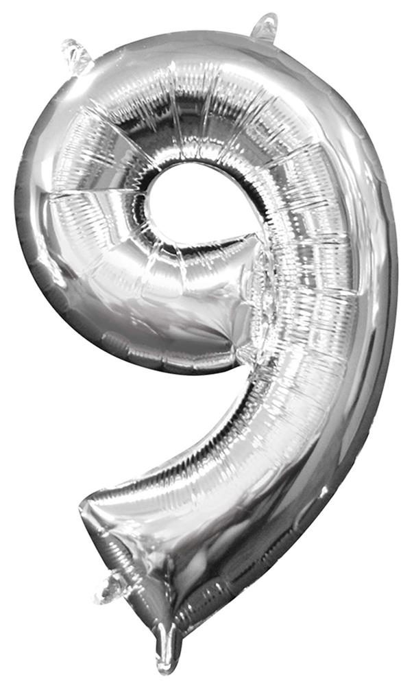 Silver metallic air-filled balloon shaped like the number 9, 16 inches tall.