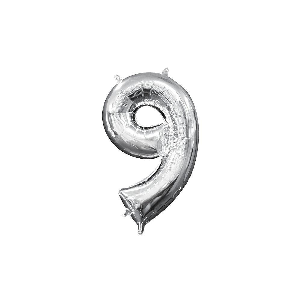 Silver metallic foil balloon shaped as number 9 with glossy finish, 14 inches tall.