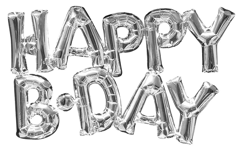 Silver metallic foil balloons spelling out "HAPPY B-DAY" in block letters.