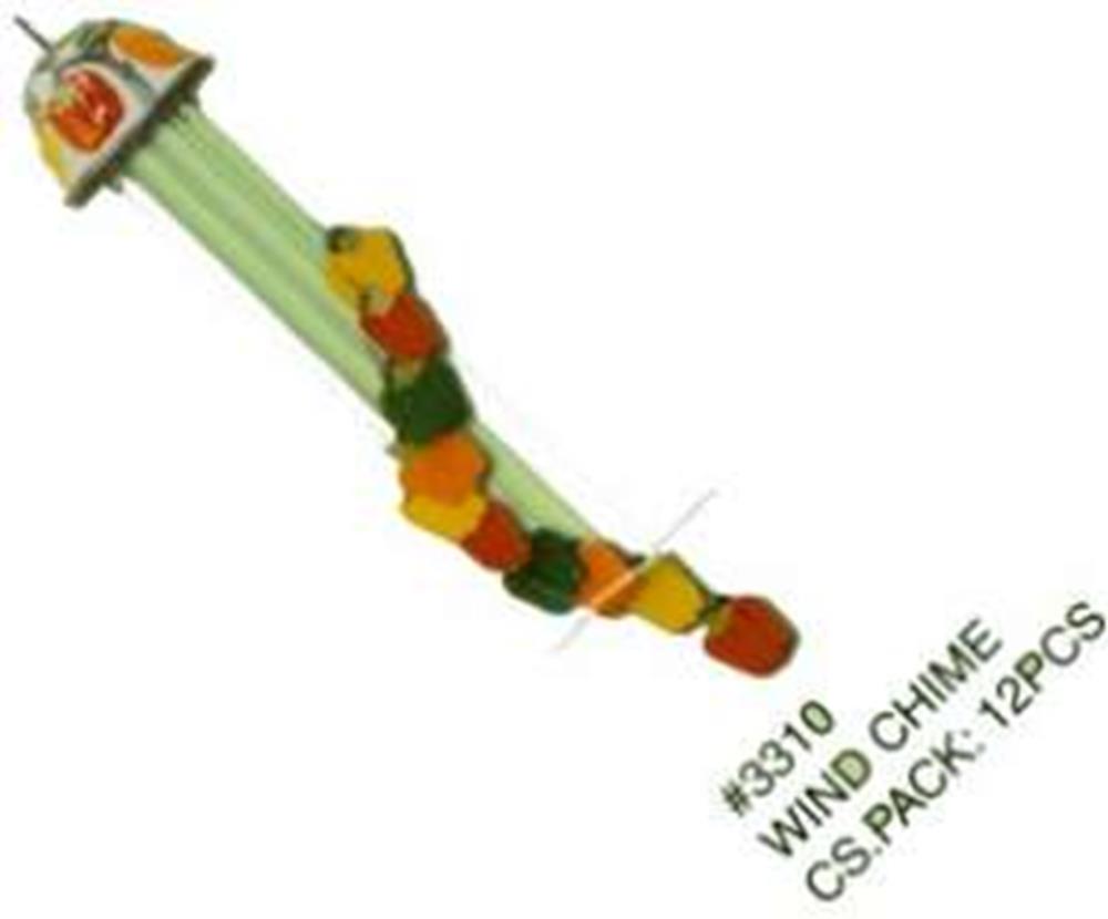 Wind chime shaped like a green bell pepper with hanging orange, yellow, and red bell pepper charms.