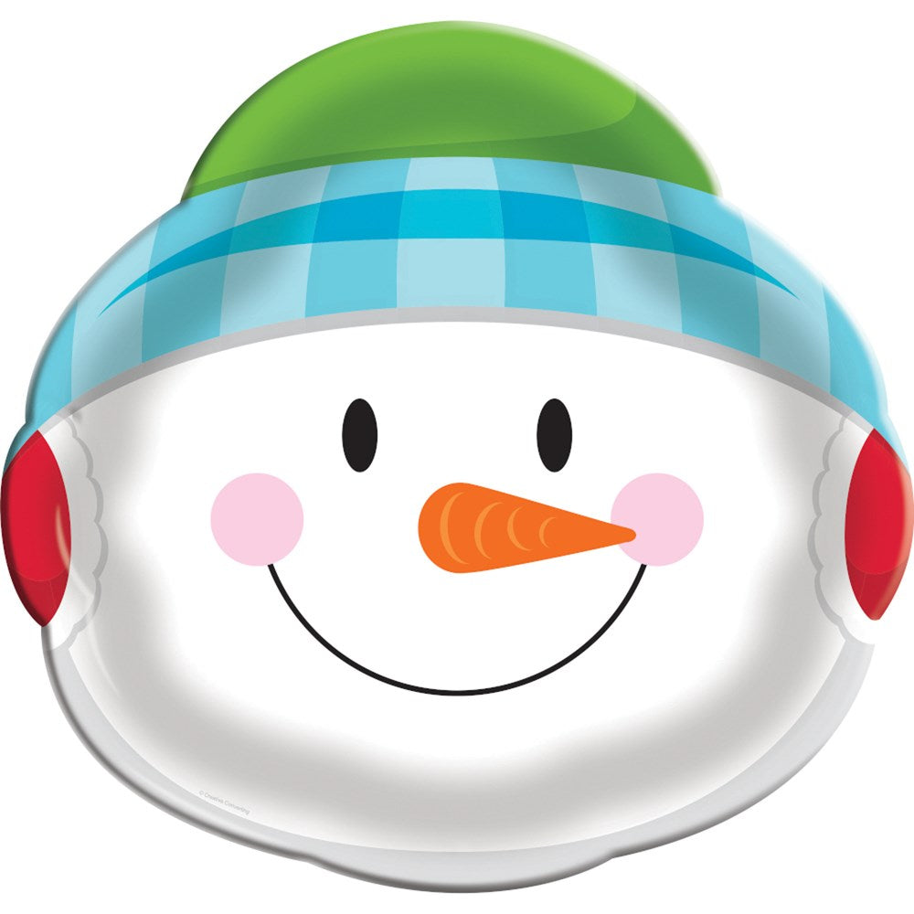 White snowman-shaped tray with a smiling face, carrot nose, pink cheeks, red earmuffs, green hat, and blue checkered band.