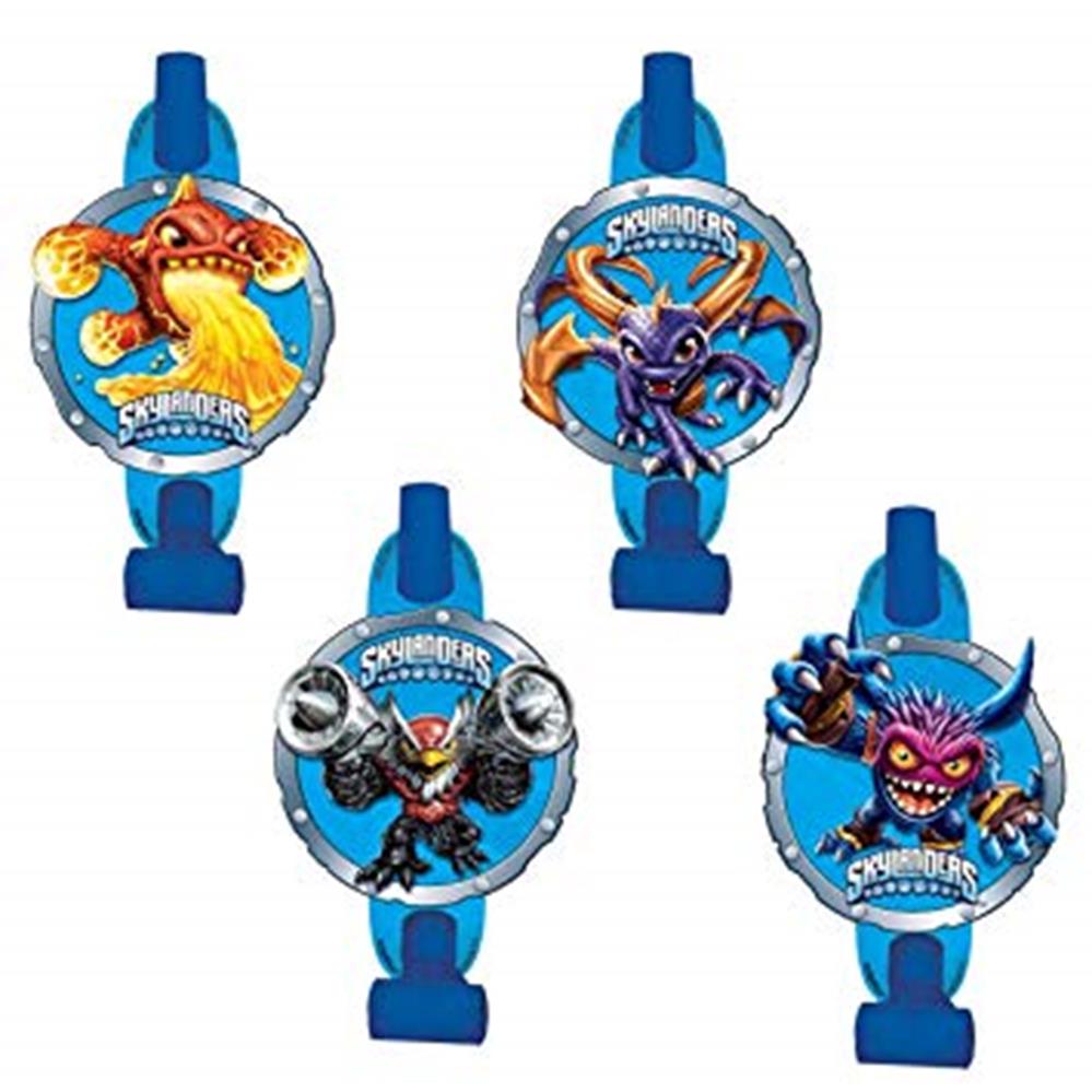 Set of four blue Skylanders-themed blowouts featuring colorful animated character faces and logos.