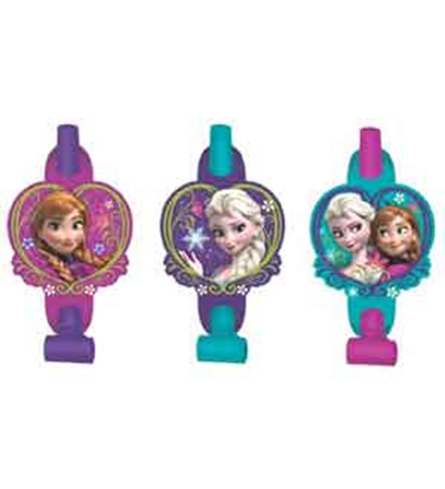 Set of three Disney Frozen party blowouts featuring Anna, Elsa, and Olaf on purple, teal, and pink plastic mouthpieces.