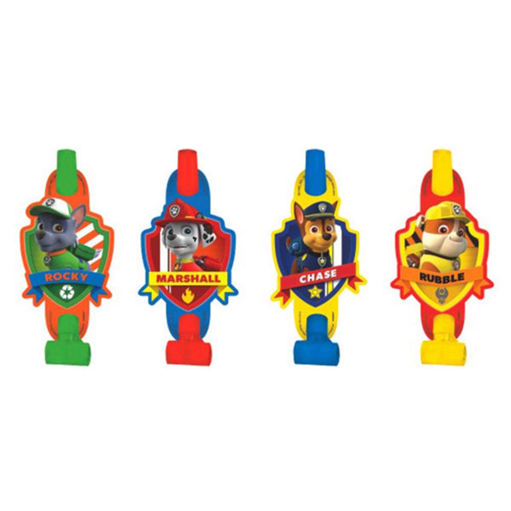 Set of four Paw Patrol blowout party favors featuring characters Rocky, Marshall, Chase, and Rubble with colorful plastic.
