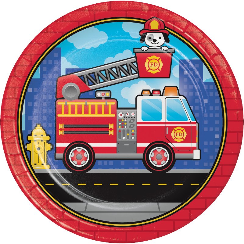 Round paper plate with a red border featuring a cartoon red fire truck, firefighter dog, cityscape background, and yellow.