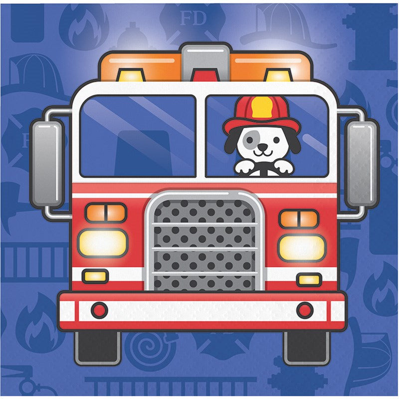 Square beverage napkin with a red fire truck featuring a dog firefighter on blue background.