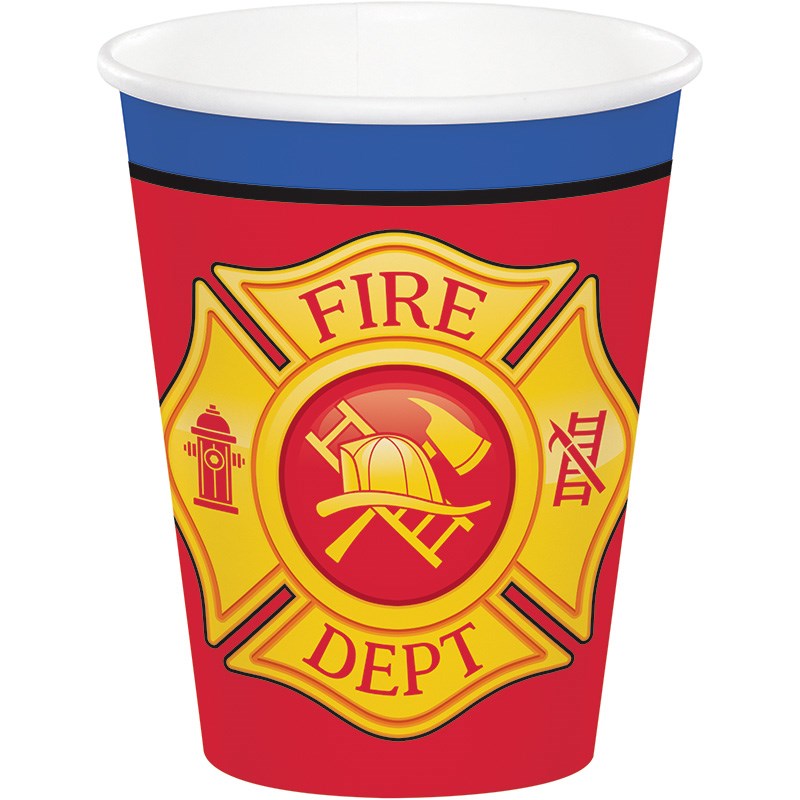Red paper cup with yellow fire department emblem, firefighter helmet, axe, and ladder designs.