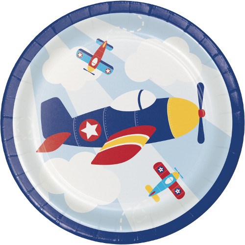 Round paper plate with blue rim featuring a navy airplane with red and yellow accents flying among white clouds and two.