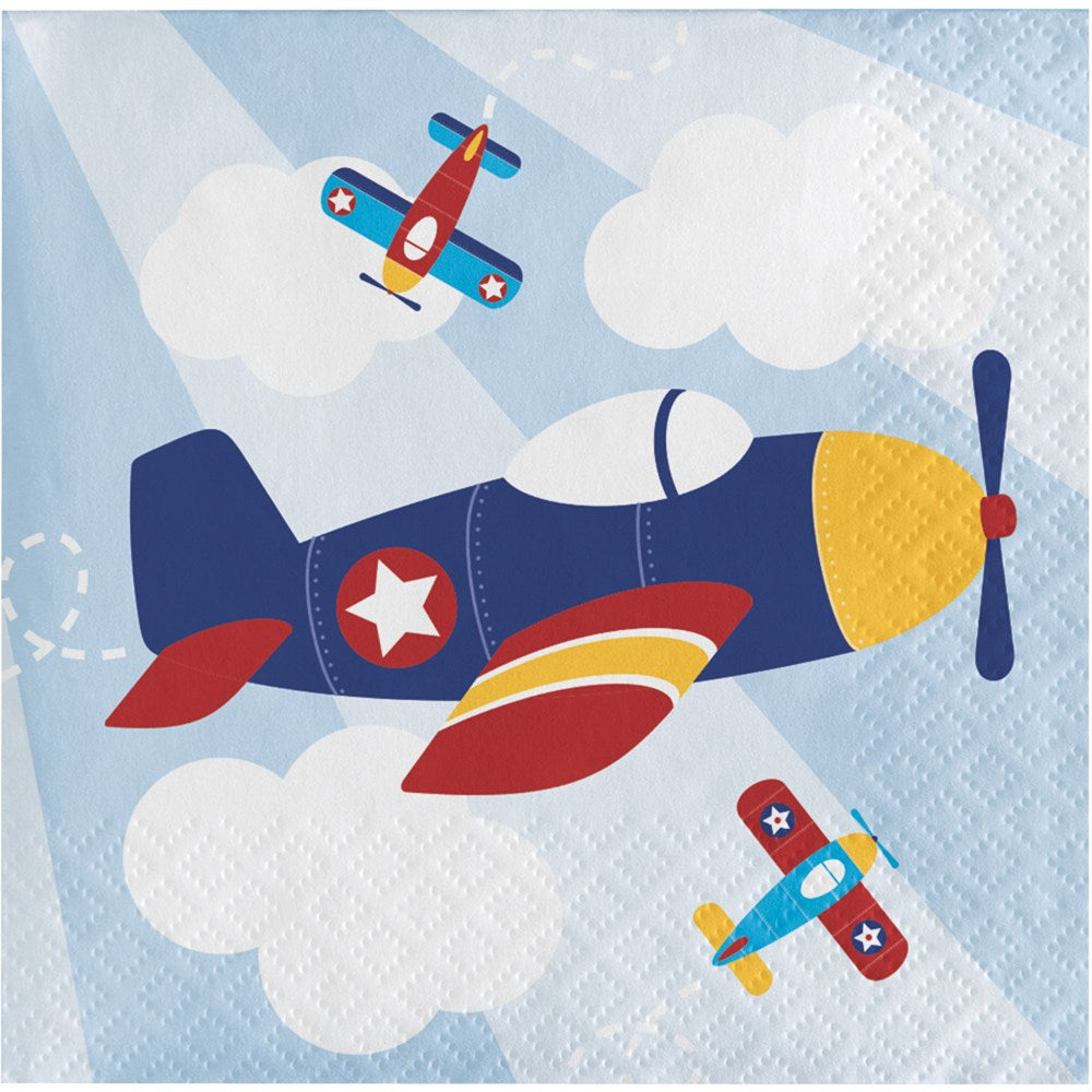 Blue and yellow cartoon airplane napkin with red accents and two smaller planes on a light blue sky background with white.