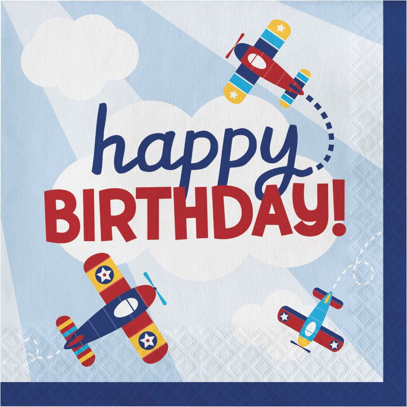 Blue and white napkin with red and blue airplanes and "Happy Birthday!" text in red and blue.