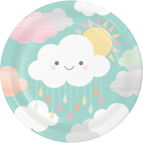 Round pastel blue paper plate with smiling white cloud, colorful raindrops, sun, and other clouds design.