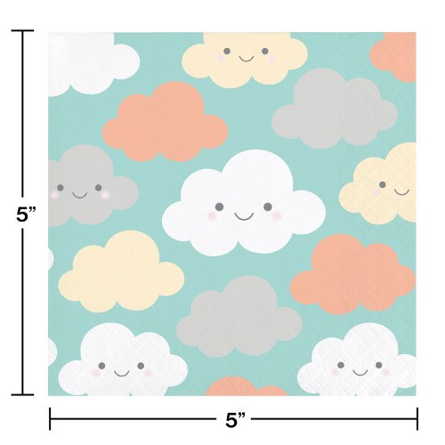 Square baby shower napkins 5x5 inches with smiling clouds in white, yellow, gray, and orange on teal background.
