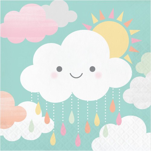 Square paper napkin with a smiling white cloud, colorful raindrops, a yellow sun, and pastel pink and white clouds on a blue