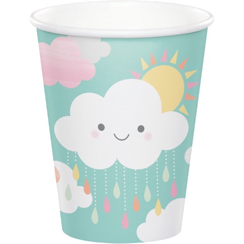 Light blue 9oz paper cup with smiling white cloud, yellow sun, raindrop patterns, and pink clouds for baby shower.