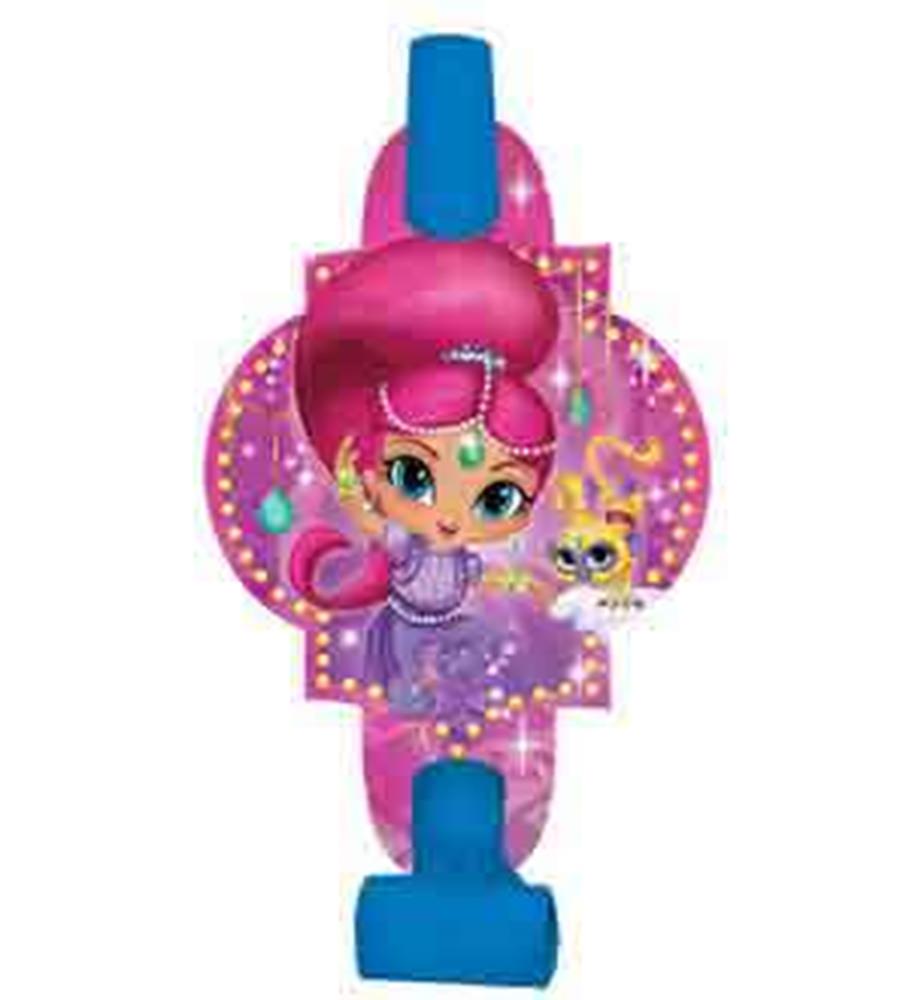 Pink and purple Shimmer and Shine party blowout with cartoon girl and pet design, 8 count.