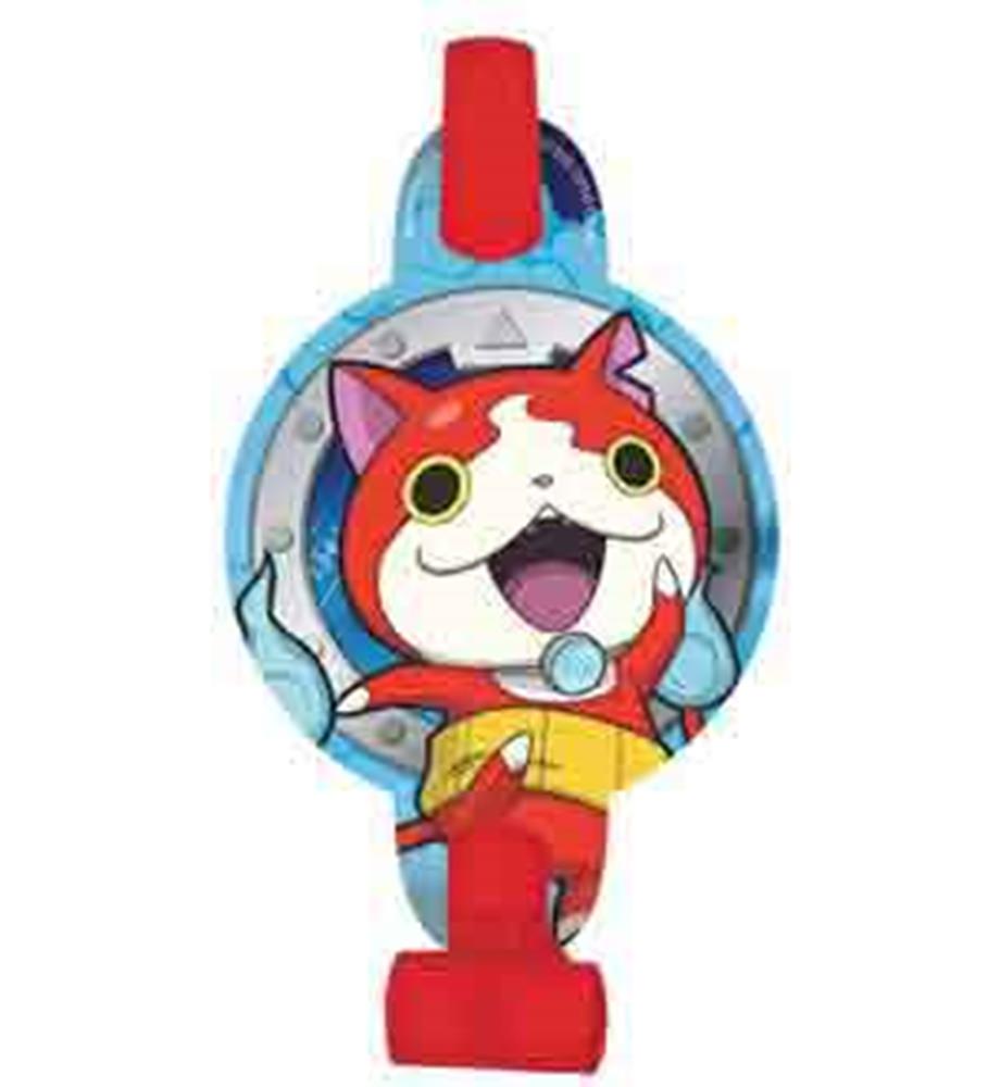 Yokai Watch themed party blowout with red plastic mouthpiece and colorful character graphic on blue paper tube.