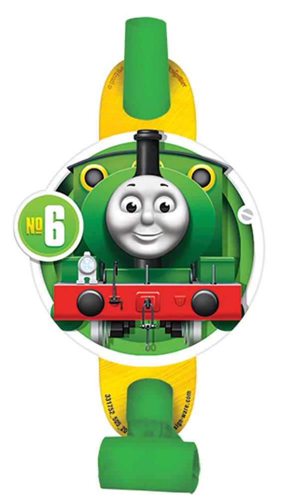 Green and yellow Thomas the Tank Engine party blowout featuring smiling train face and number 6 badge.