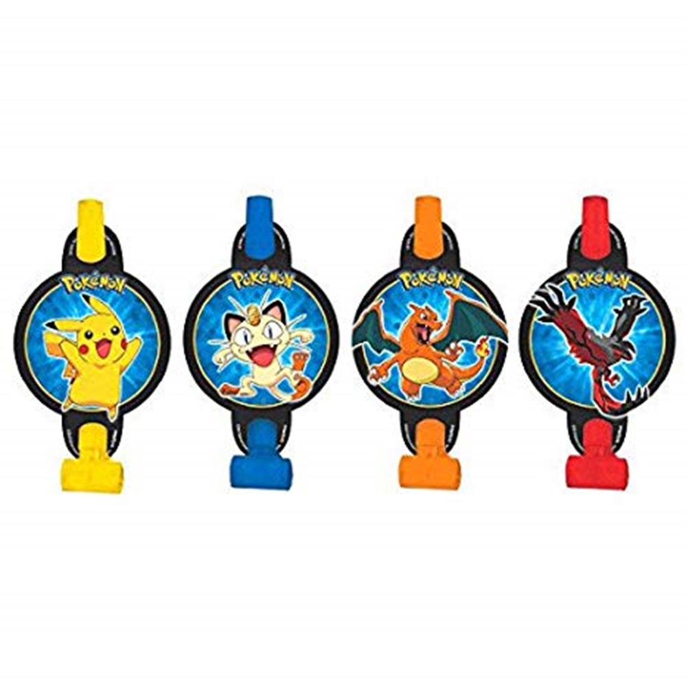 Set of four colorful Pokémon-themed blowouts featuring Pikachu, Meowth, Charmander, and Moltres with coordinating yellow,.