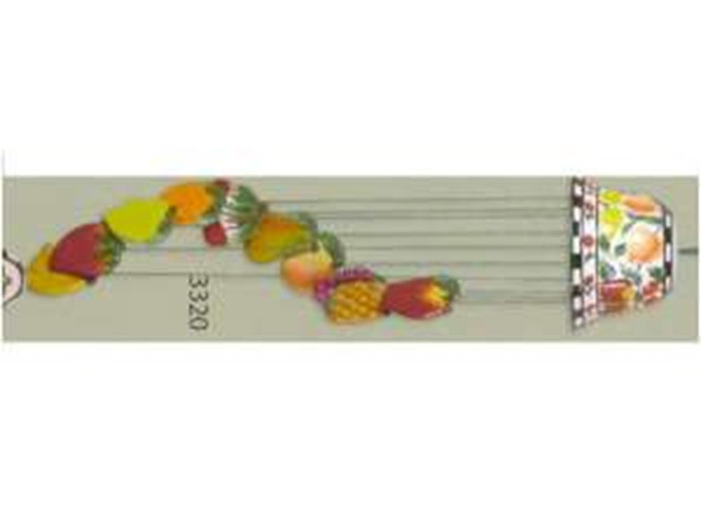 Colorful fruit-shaped wind chime with metal tubes and a cylindrical wooden top painted with fruit designs.