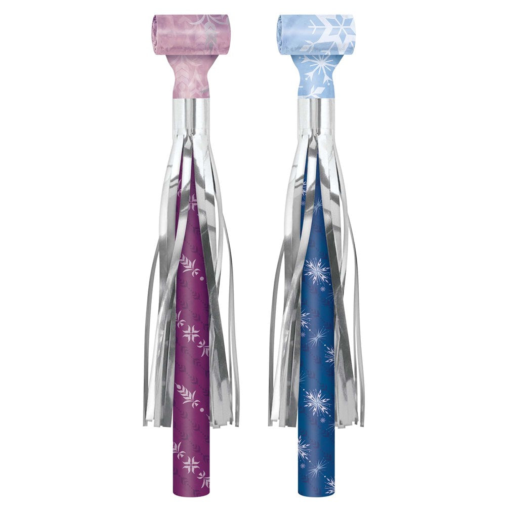 Set of two blowouts with silver fringe, one purple and one blue, decorated with white snowflakes and Frozen 2 theme.