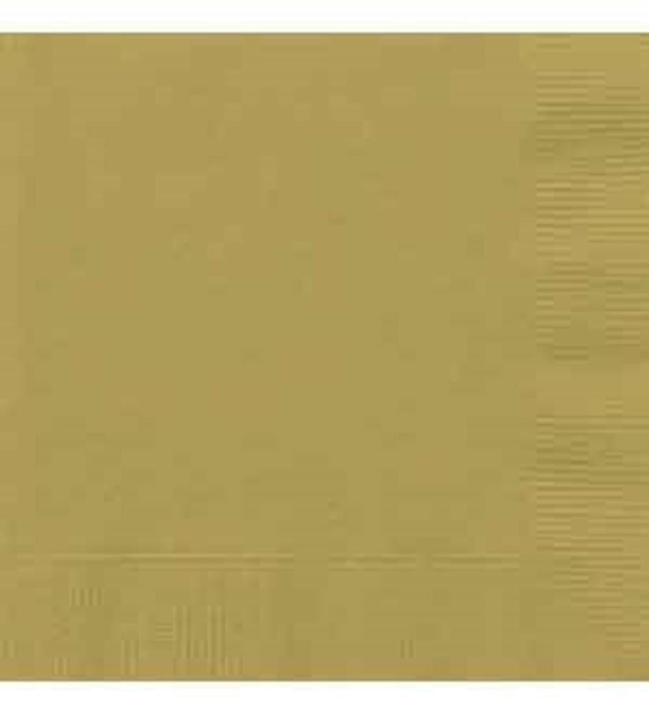 Stack of small, square, gold paper napkins with a smooth finish and subtle embossed edges.