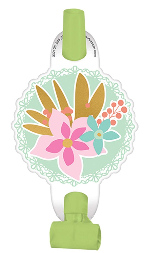 Round pastel green and white party blower with boho floral design and golden bunny ears, comes with a green mouthpiece and.