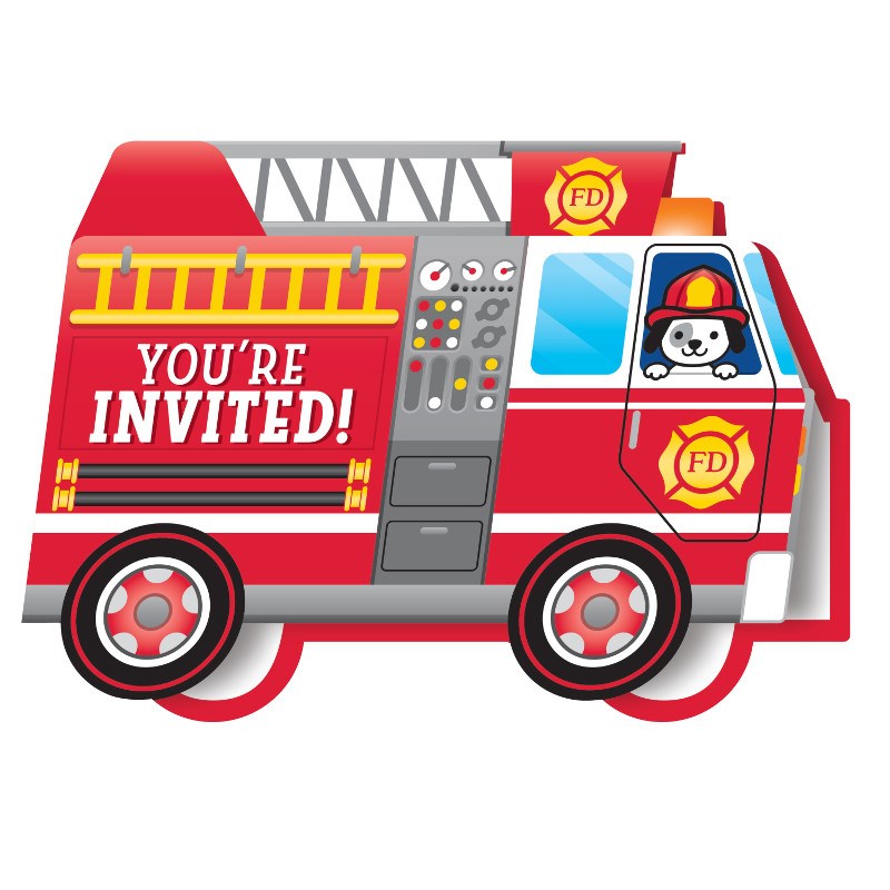 Red fire truck-shaped invitation card with yellow ladder, control panel, and a dog firefighter in the cab, "You're Invited!"