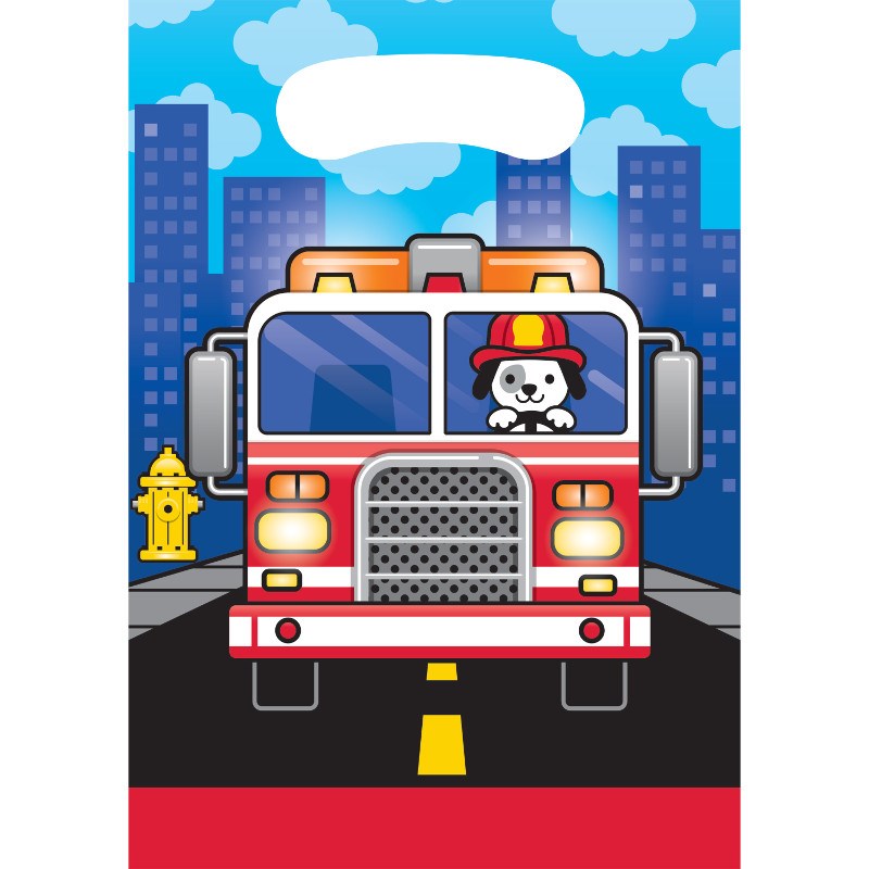 Bright red fire truck loot bag with cartoon Dalmatian firefighter, city background, and yellow road lines.