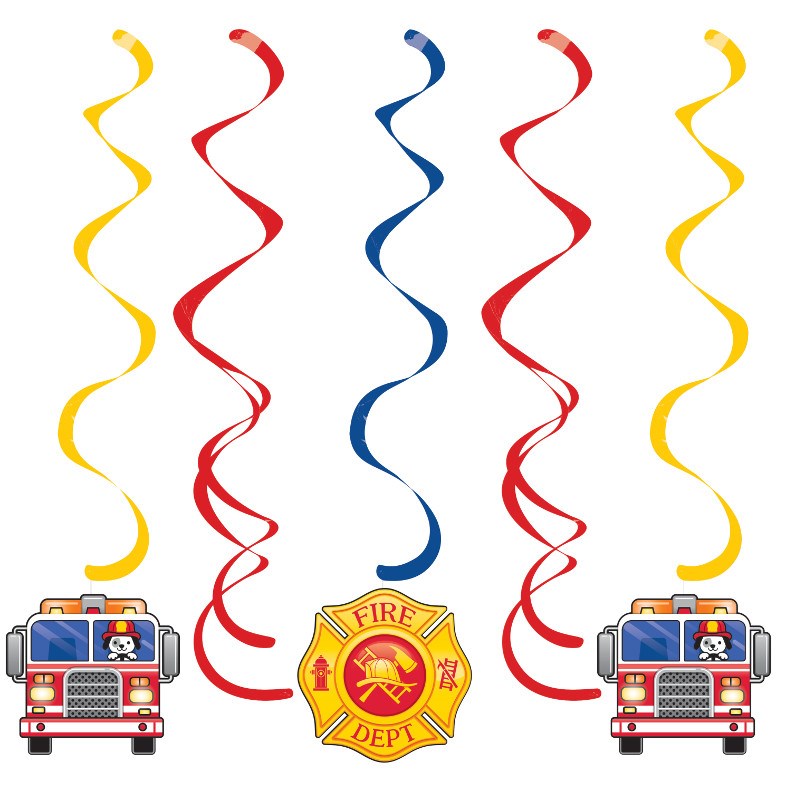 Five hanging spiral streamers in red, blue, and yellow with fire truck and fire department badge cutouts at the ends.