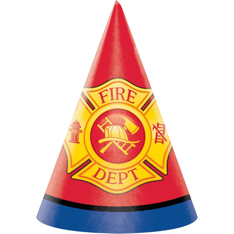 Red and yellow cone-shaped party hat with fire department emblem and blue base trim.