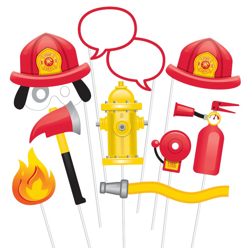 Set of six colorful photo props including a red firefighter helmet, yellow fire hydrant, red fire extinguisher, fire hose,.