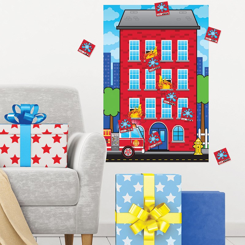 Flaming Fire Truck Pin Game with a red brick building, firefighters, and a fire truck on a blue sky background.