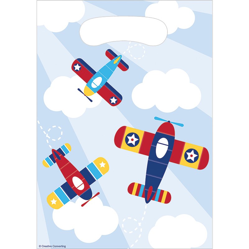 Blue, red, and yellow airplane-themed paper lootbag with cartoon planes and white clouds.