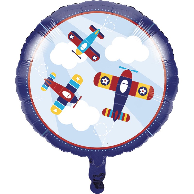 Round metallic balloon with three colorful vintage airplanes flying among white clouds on a sky blue background.